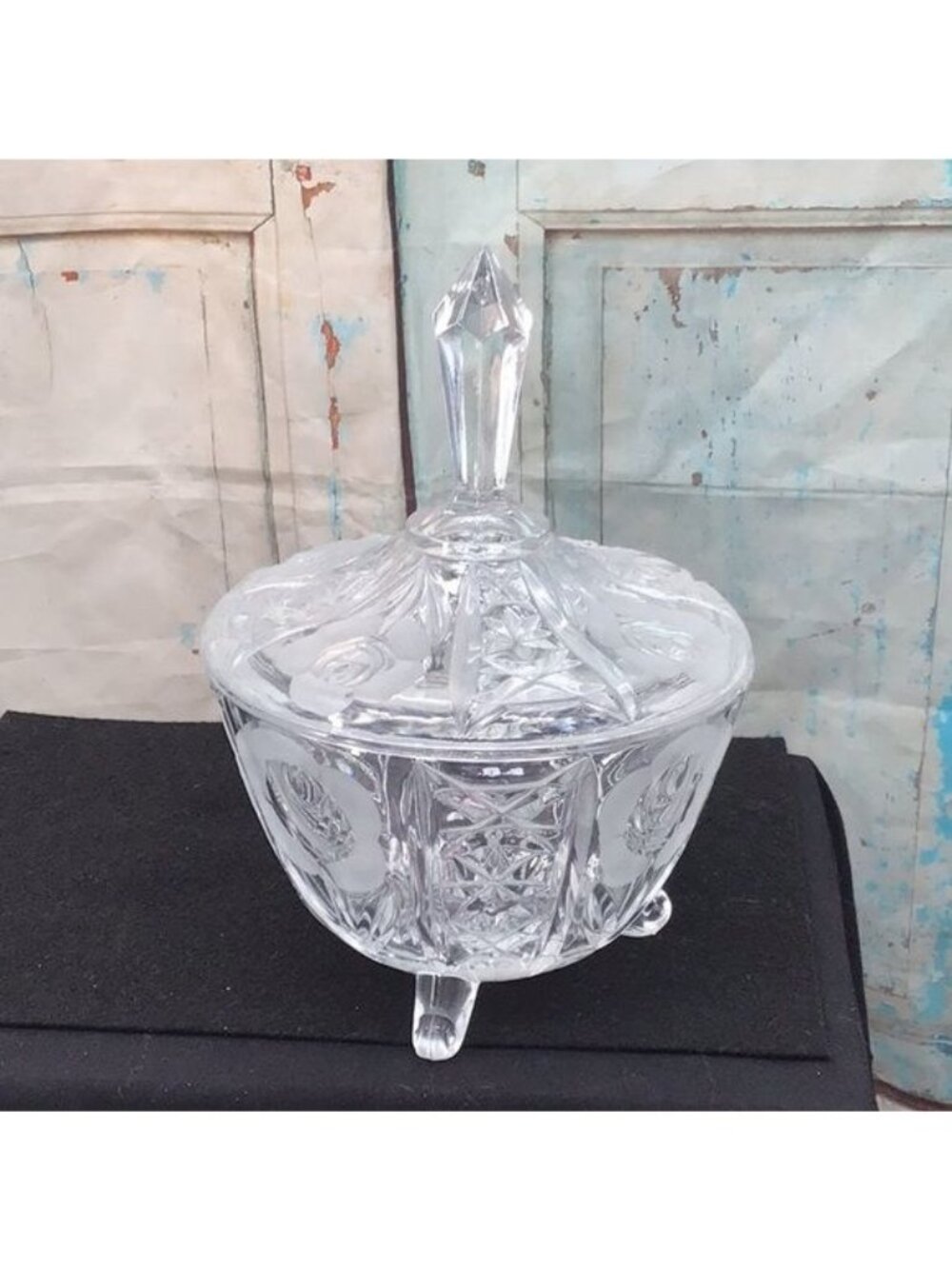 Poland Lead Cut Crystal Frosted Roses Candy Jar With Lid & 3 Feet